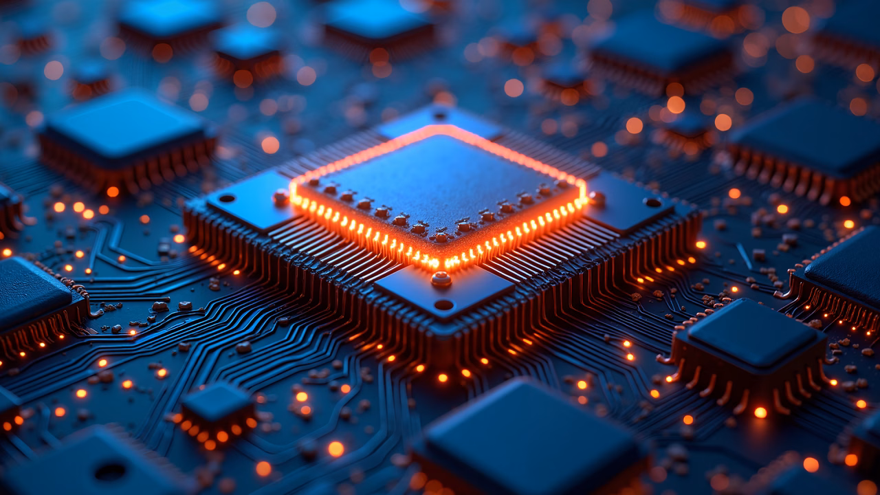 Close-up of a glowing processor on a detailed circuit board.