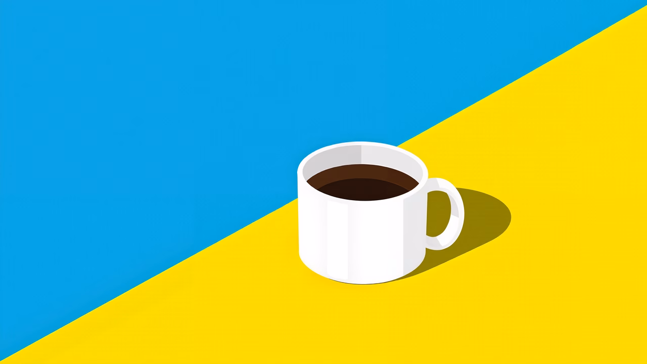 Minimalist coffee cup illustration on contrasting blue and yellow background.