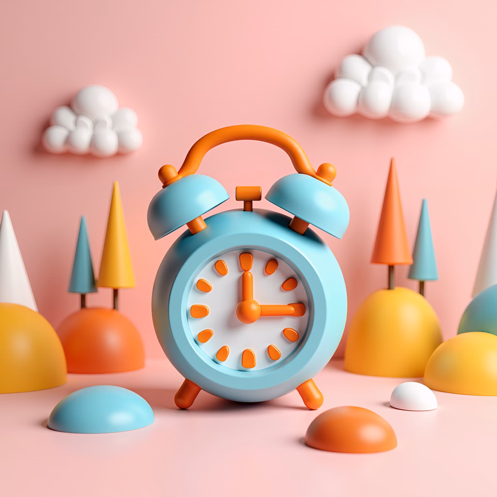 Brightly colored alarm clock with whimsical shapes on a pink background.