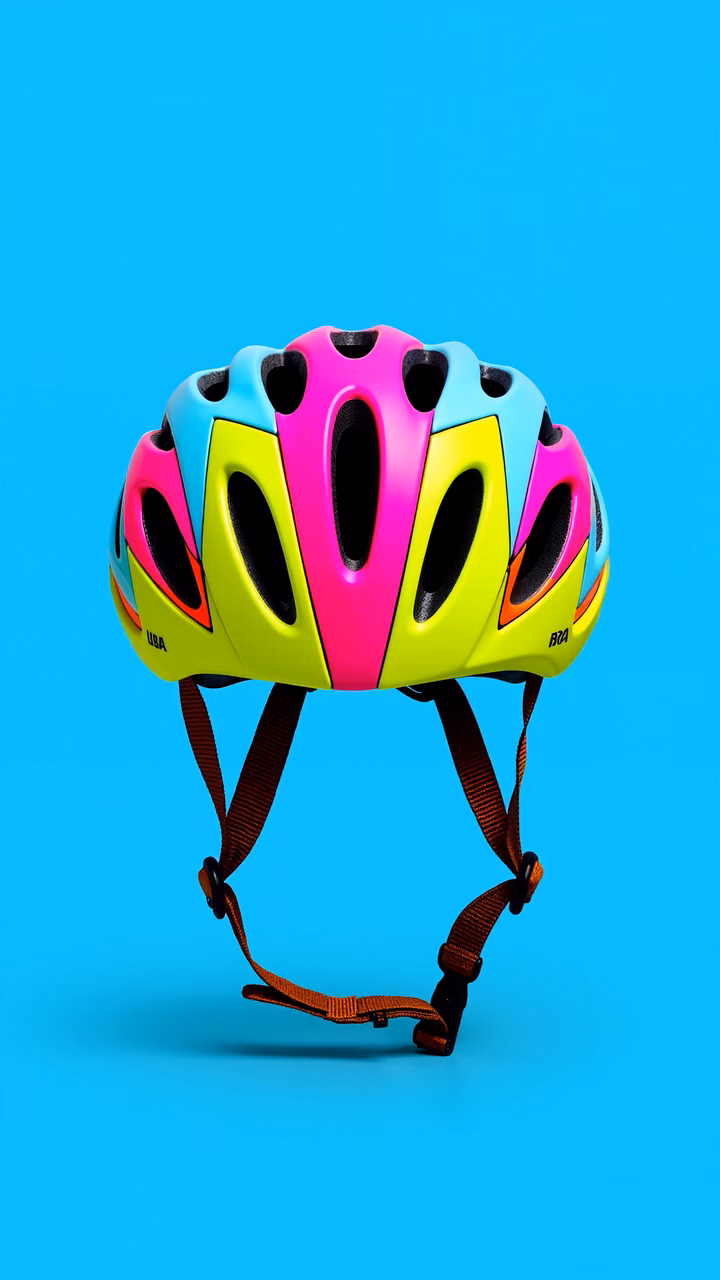 Vibrant bicycle helmet with neon colors and ventilation holes, perfect for cycling enthusiasts.