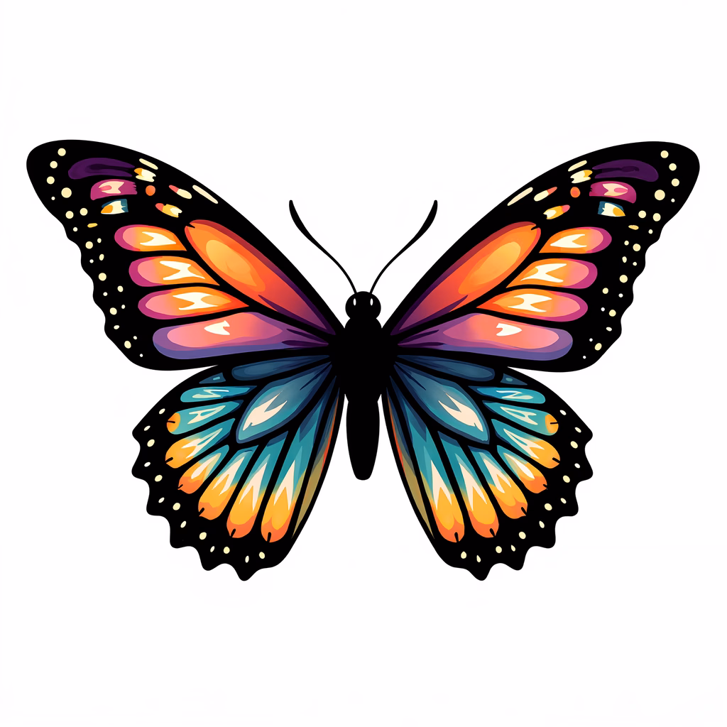 Vibrant butterfly illustration with detailed wing patterns and contrasting colors.