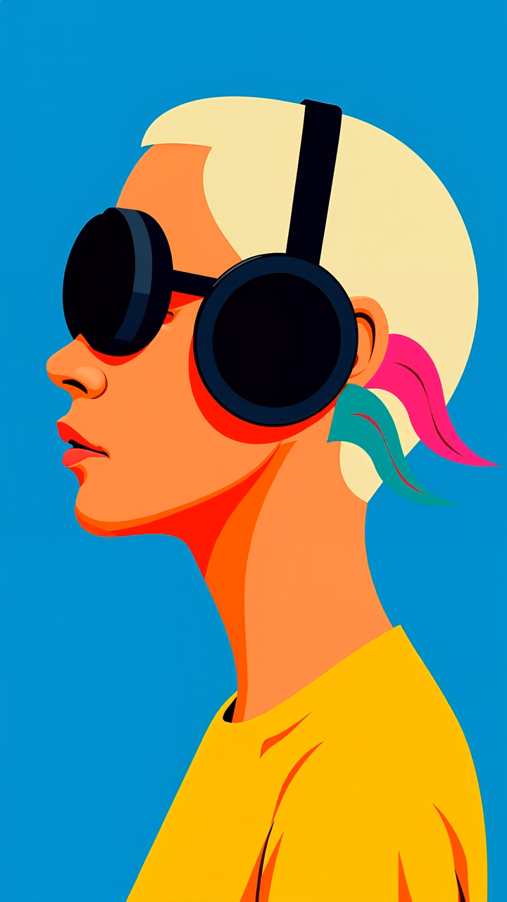Bold, colorful, graphic design portrait of a person with sunglasses against a blue background.