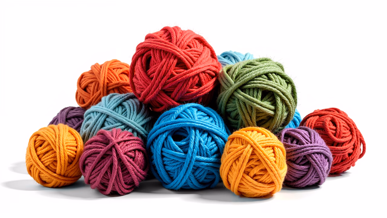 Brightly colored yarn balls against a white backdrop, perfect for crafting enthusiasts.