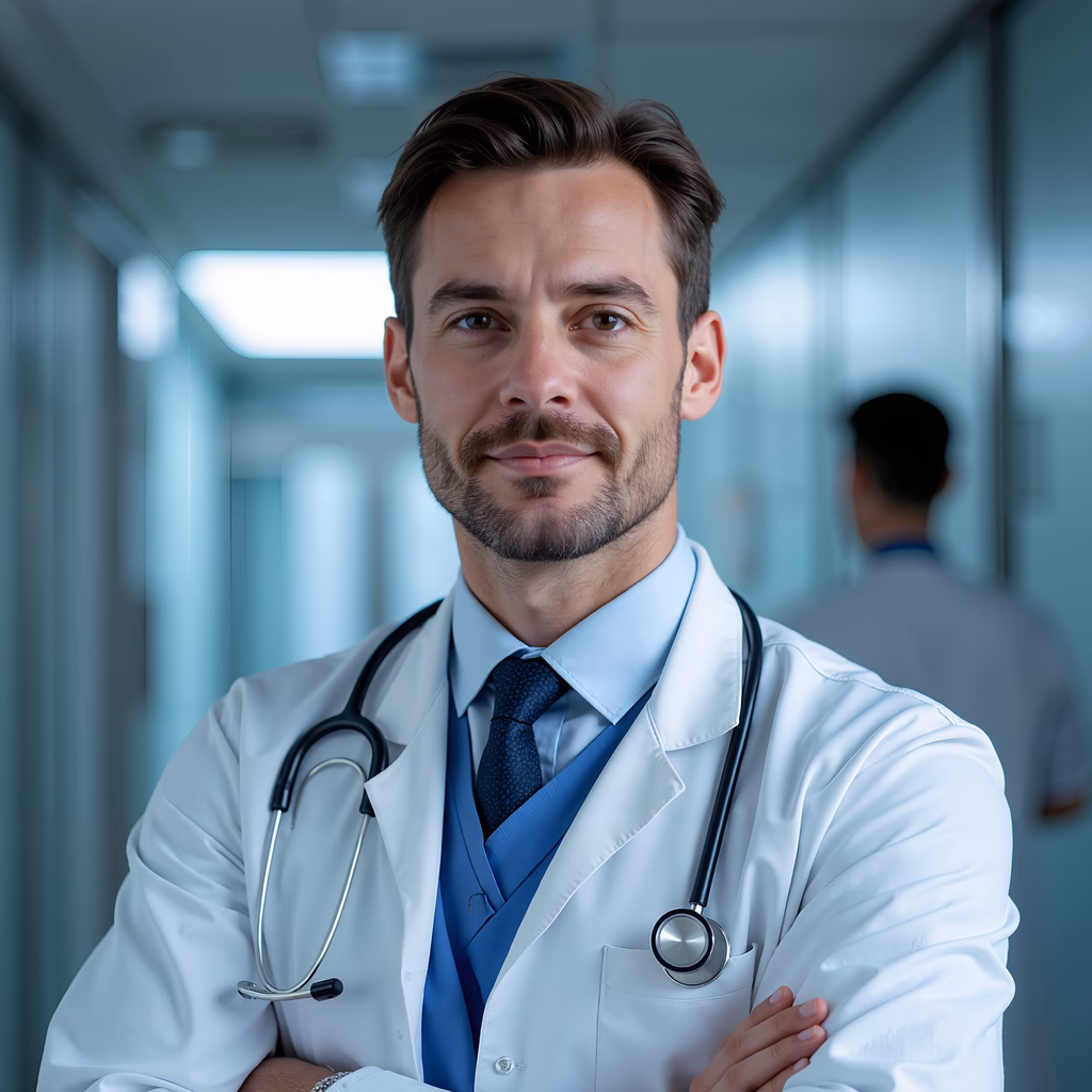 Confident doctor in a modern hospital setting, exuding professionalism and authority.