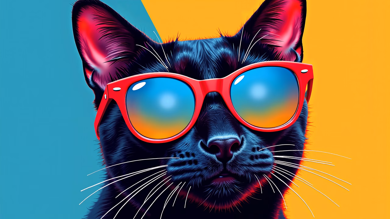 Vibrant black cat with red sunglasses on a blue-yellow background.