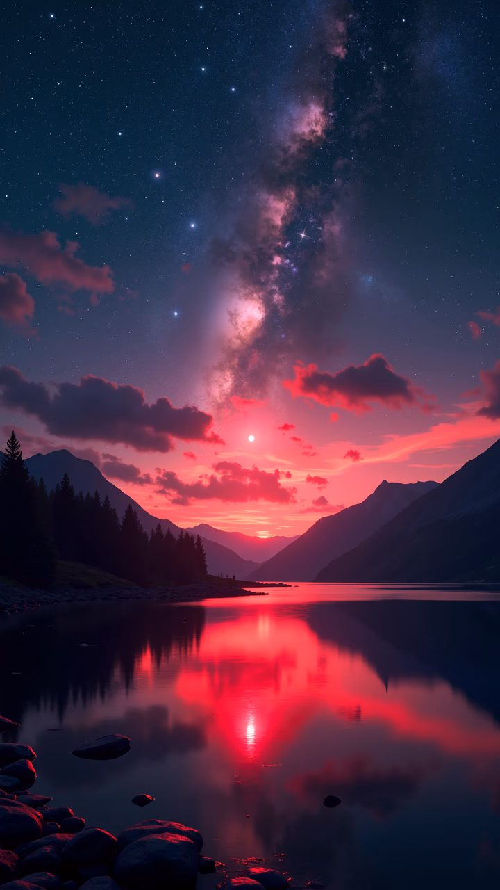 Vibrant twilight landscape with cosmic reflections and serene beauty.