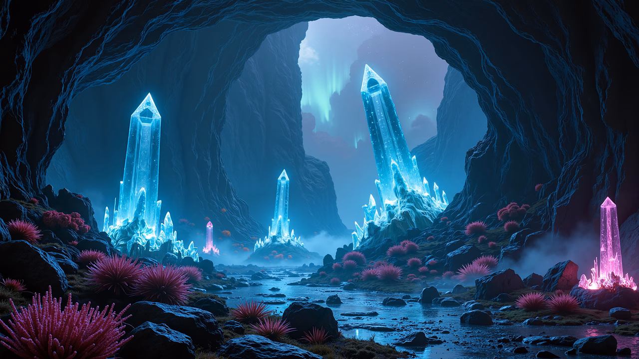 Mystical crystal cave with glowing stones and vibrant pink plants.