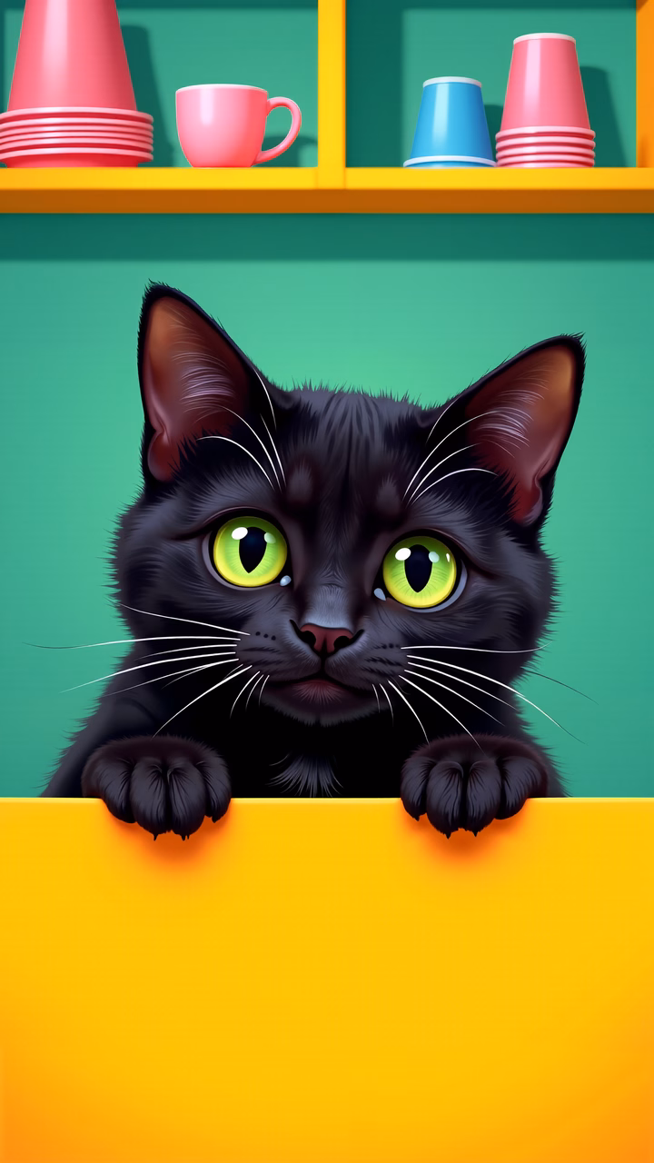 A curious black cat with green eyes peeking over a yellow shelf, surrounded by colorful cups.