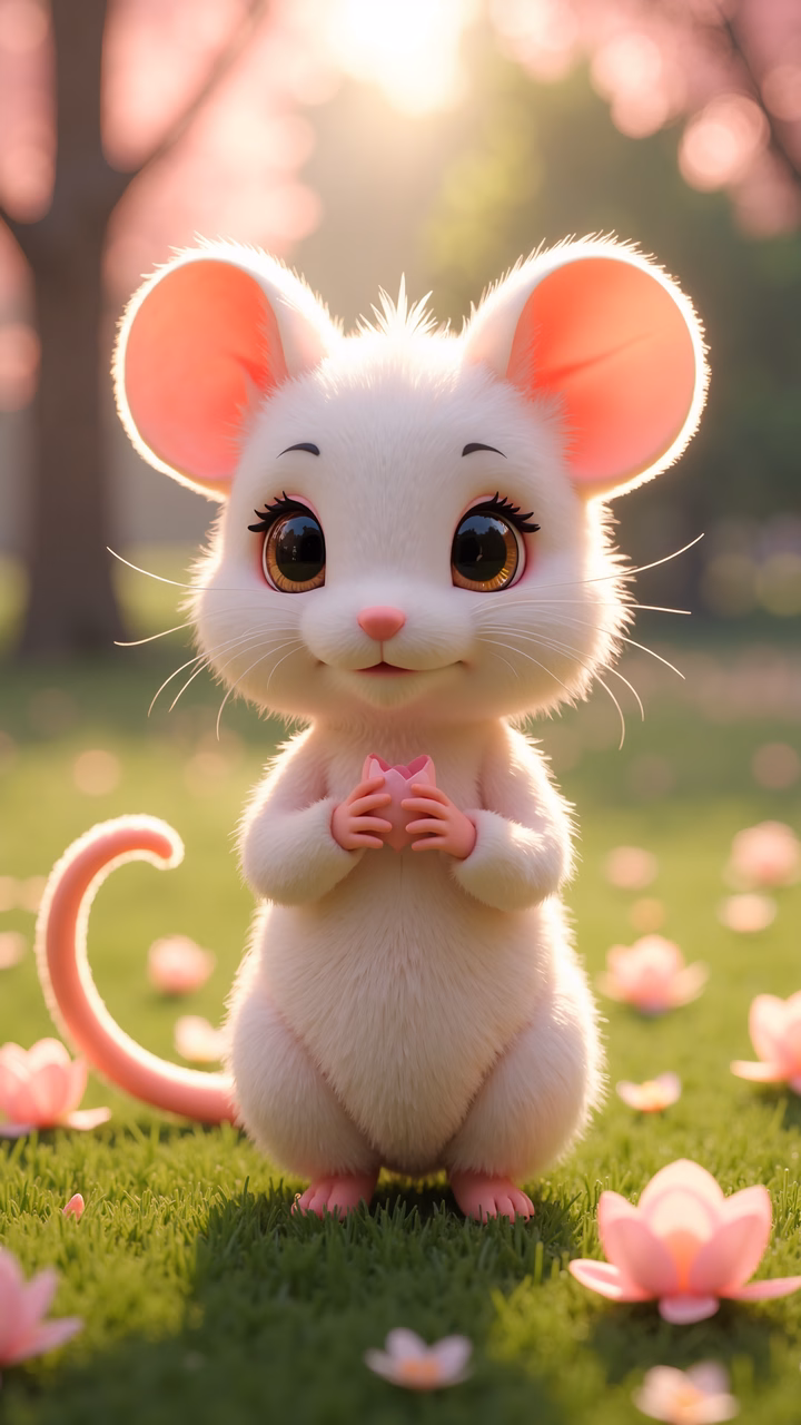 A cute mouse holding a heart in a blossoming garden setting.
