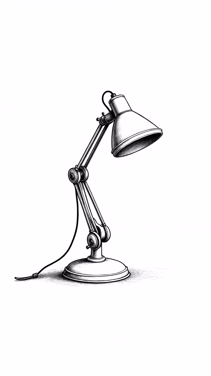 Detailed black-and-white illustration of a classic desk lamp with a flexible arm and conical shade.