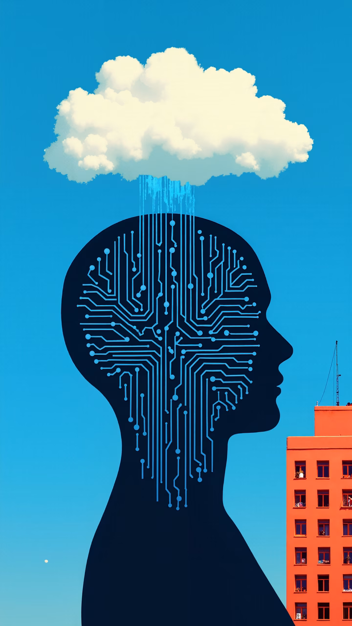Human head circuitry, data stream, cloud, vibrant cityscape