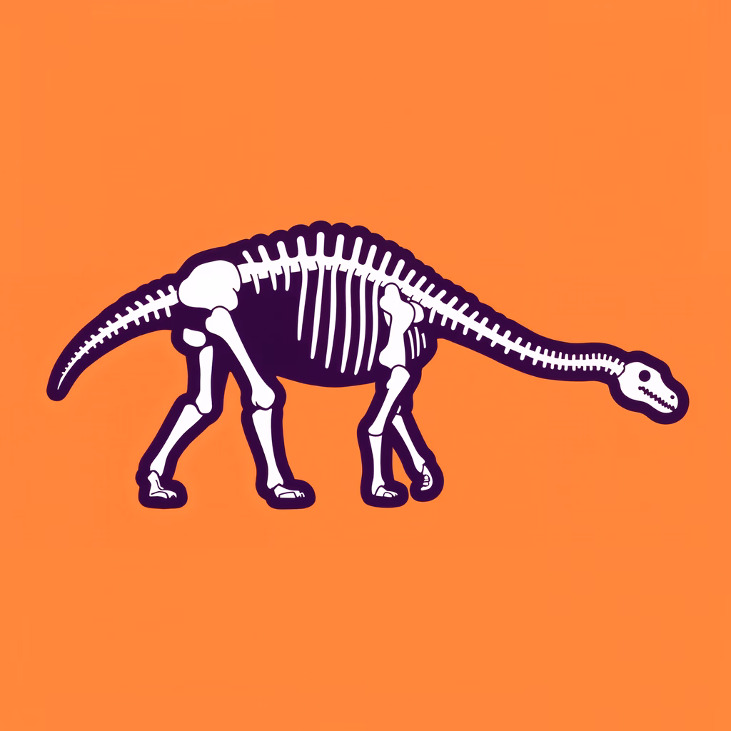 A stark white dinosaur skeleton on a bright orange background.