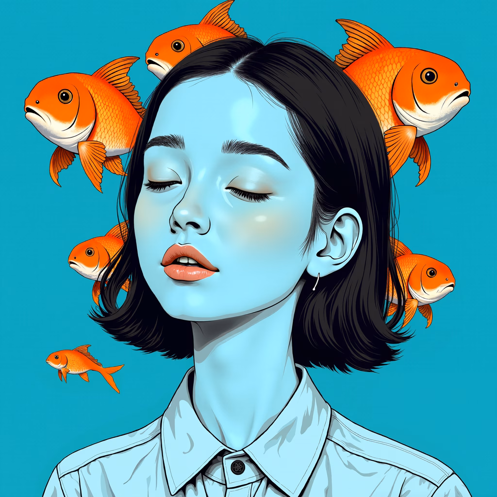 A serene illustration of a person surrounded by colorful fish in a tranquil setting.