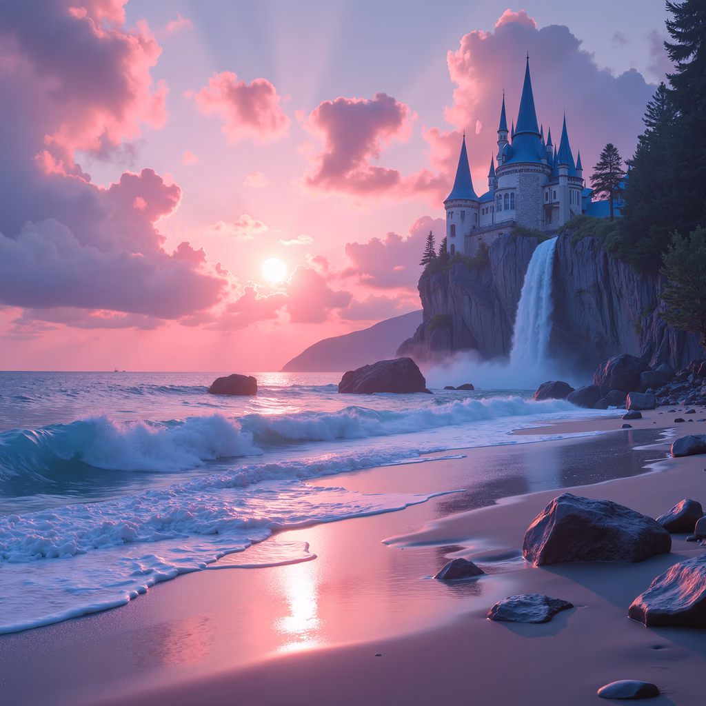 A magical castle at sunset with a waterfall and ocean view.