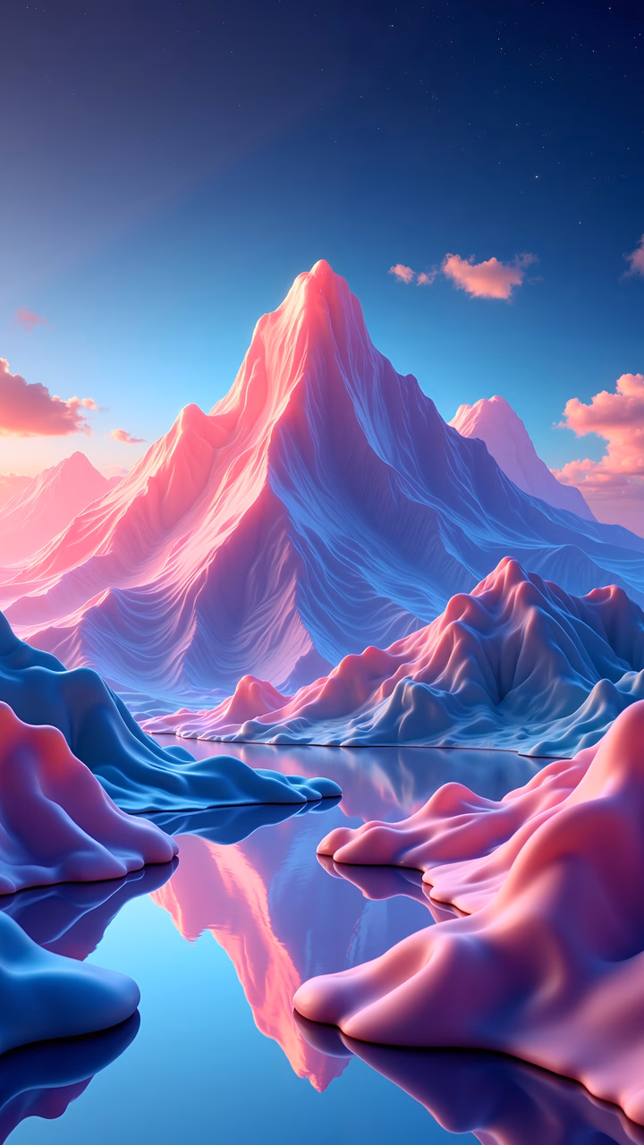 A serene, dreamlike landscape with pastel-colored mountains reflected in calm waters under a soft sky.