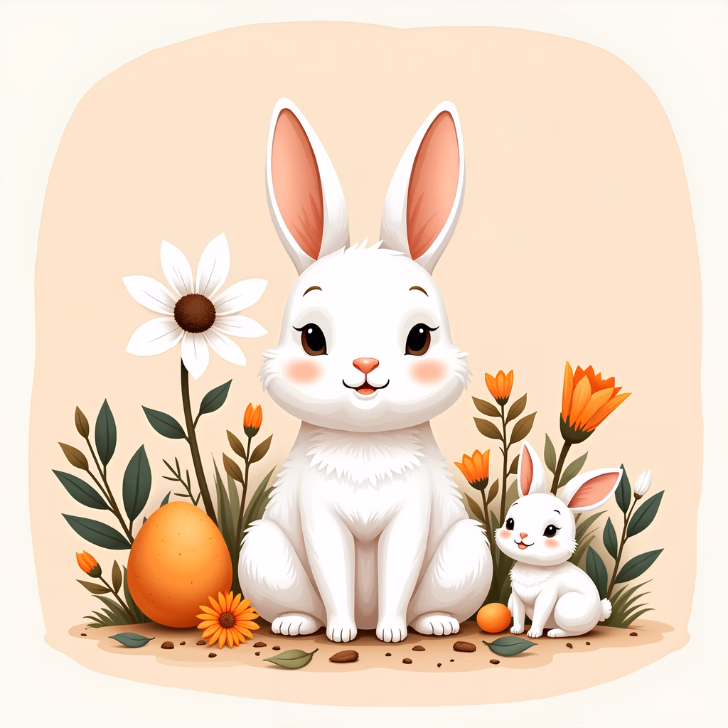 Two cute bunnies surrounded by colorful flowers and Easter eggs, celebrating spring and Easter.