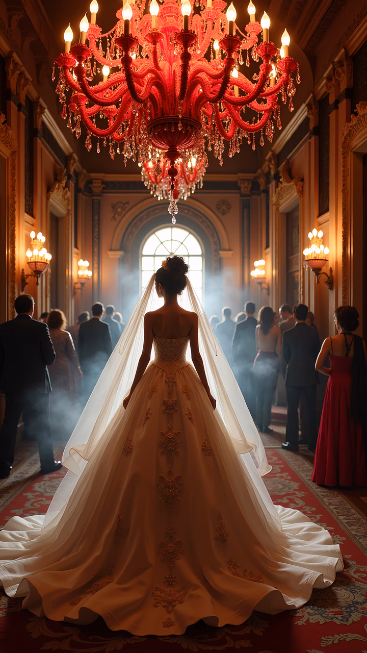 Elegant bride in a luxurious ballroom, surrounded by warm golden light and intricate details.
