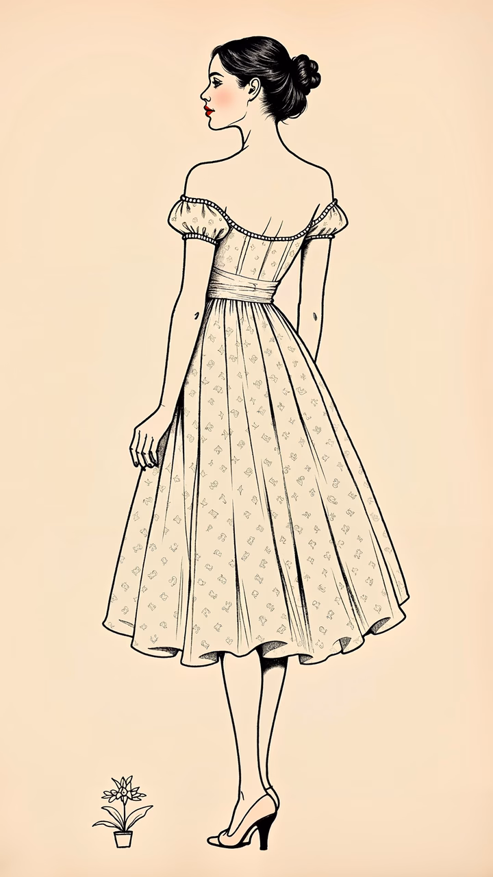 Vintage-inspired dress illustration showcasing elegance and timeless beauty.