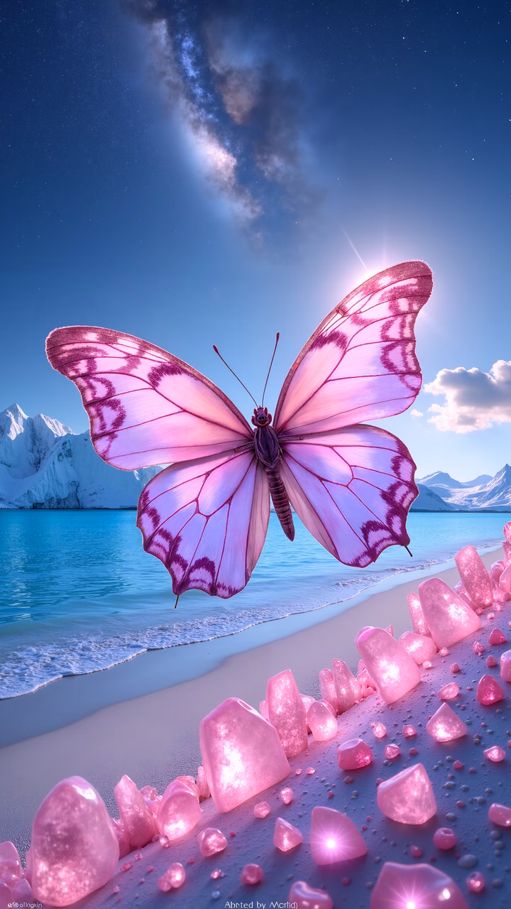 A mystical butterfly amidst glowing crystals on a peaceful beach under a starry sky.
