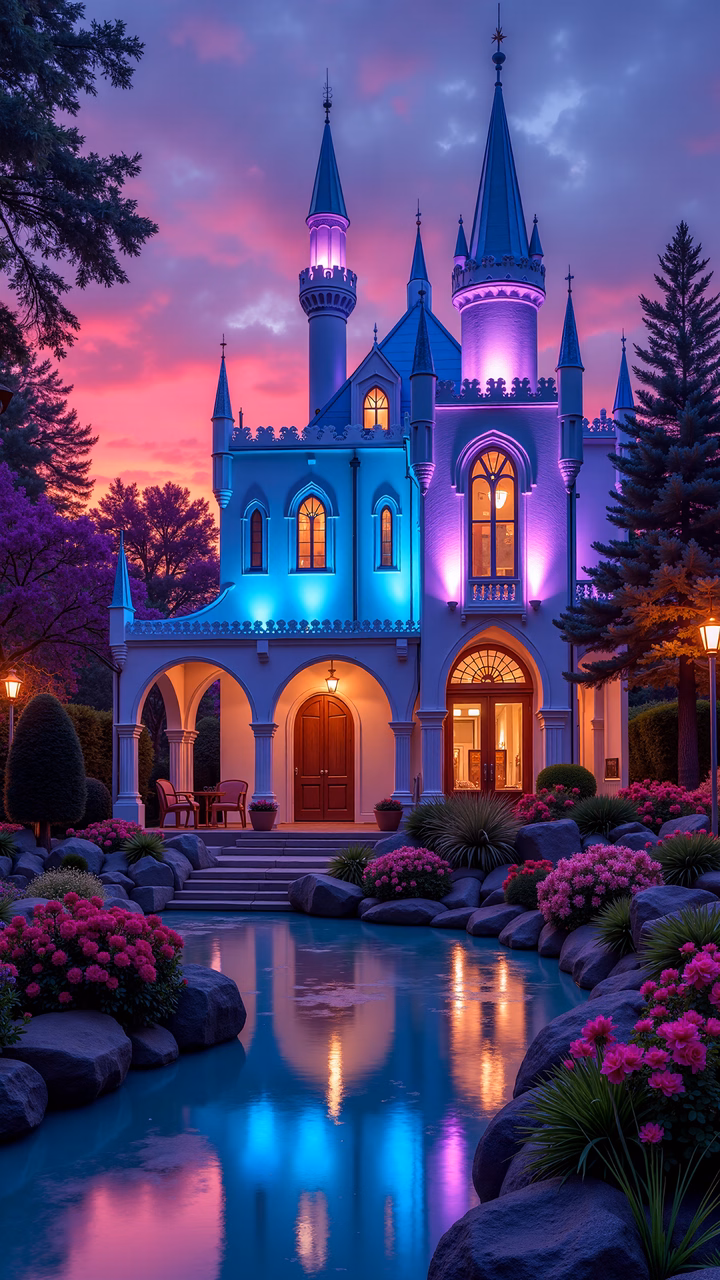 A stunning castle illuminated at sunset, surrounded by nature and flowers.