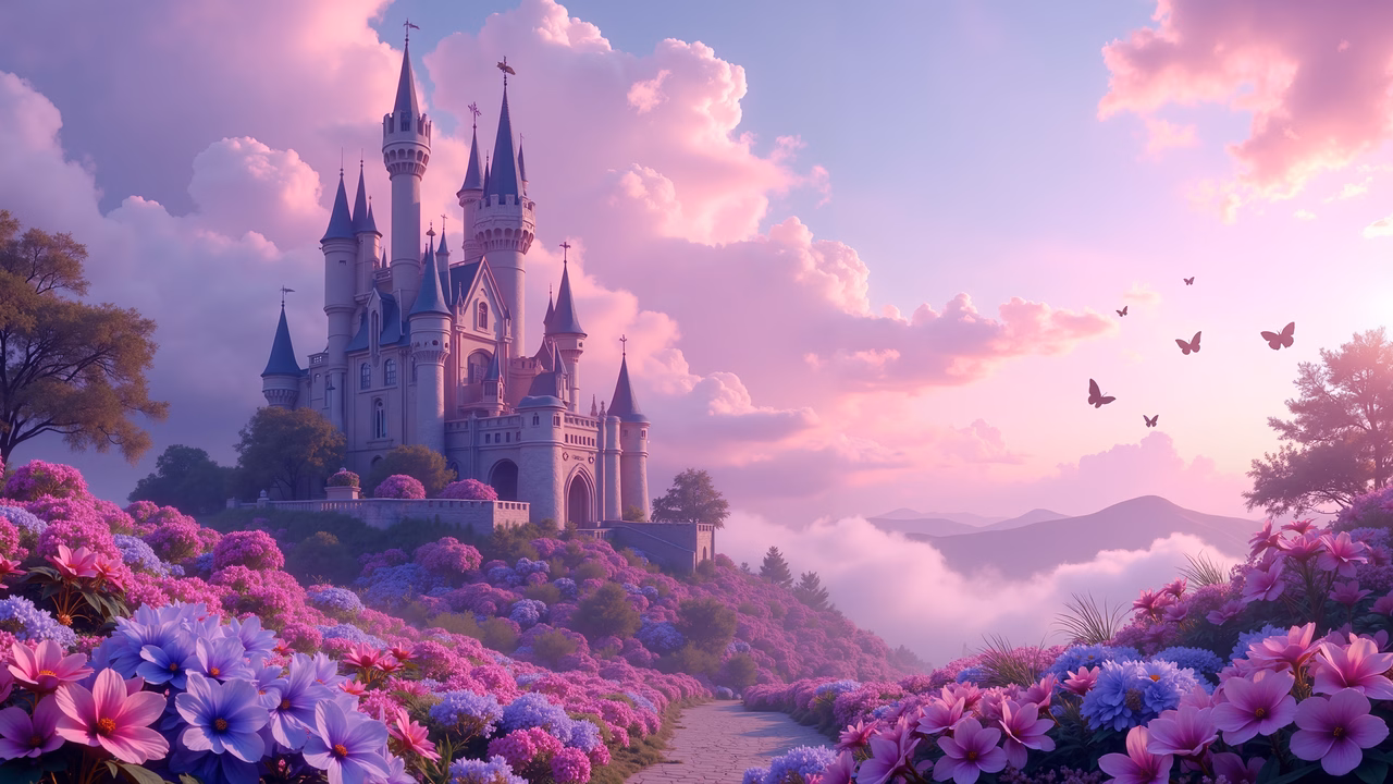 Magical castle amidst a dreamy floral landscape