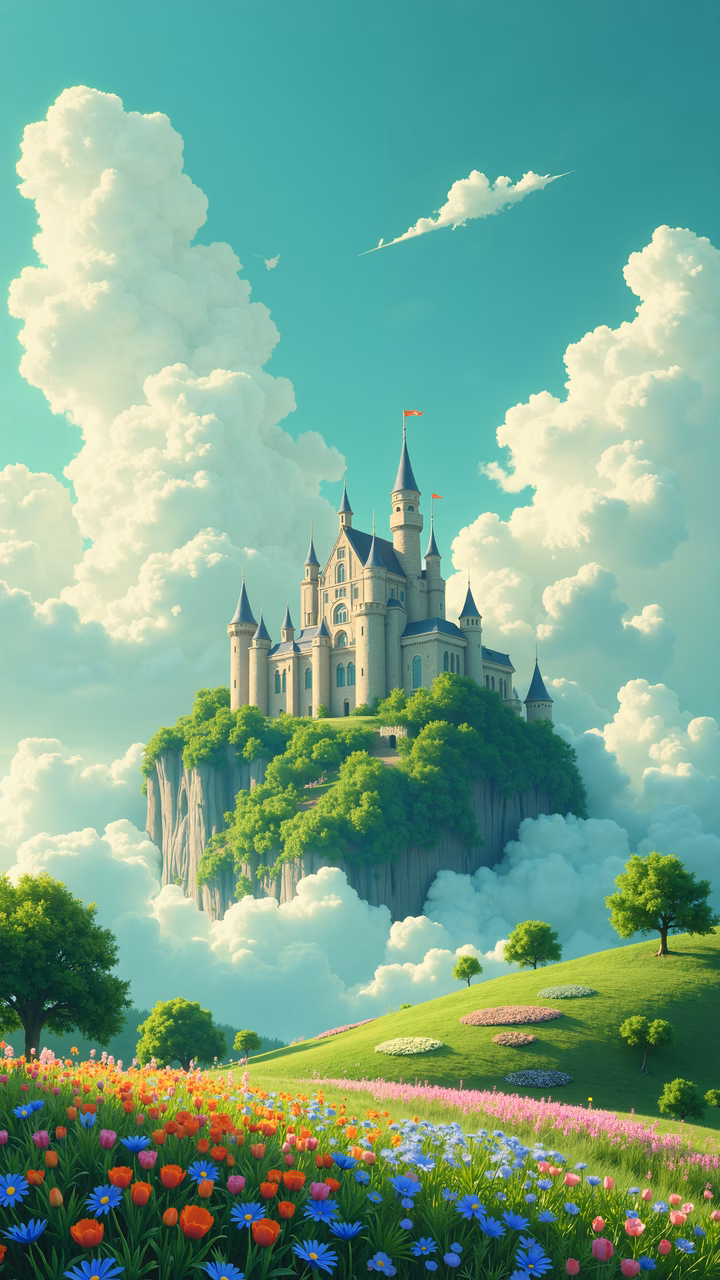 A magical castle on a hill, surrounded by colorful flowers and serene skies.