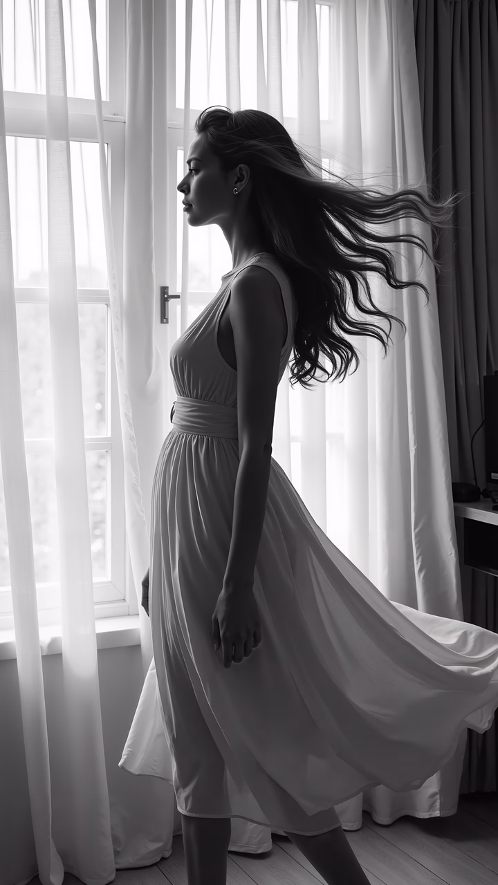 Black-and-white portrait of a graceful woman in a flowing dress, standing by a window with soft light filtering through sheer curtains.