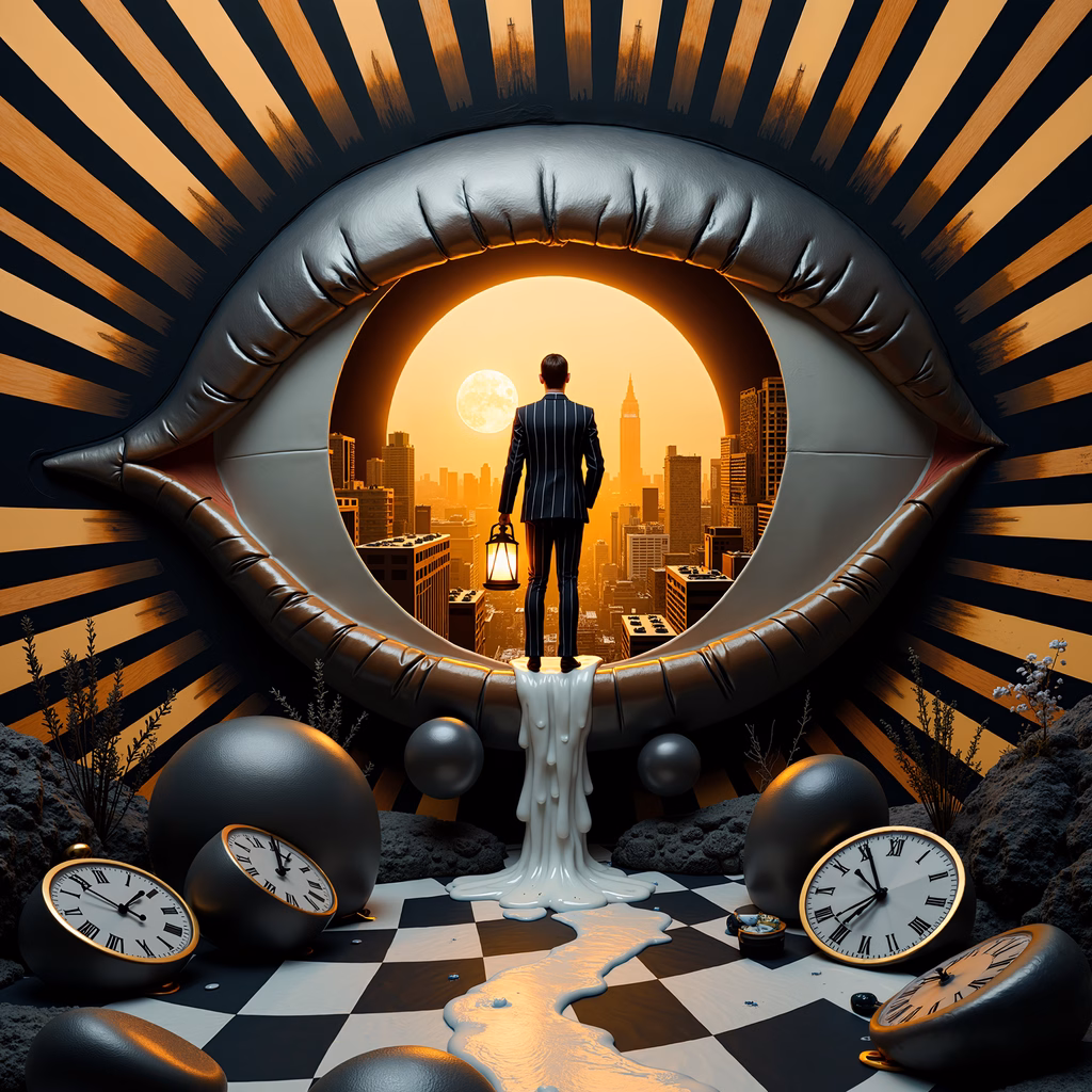 A man gazes into a giant eye, surrounded by melting clocks and a cityscape at sunset.