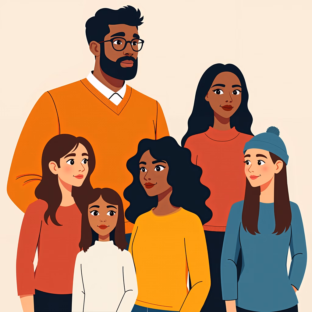 A warm, family-oriented illustration featuring six individuals in a cozy setting.