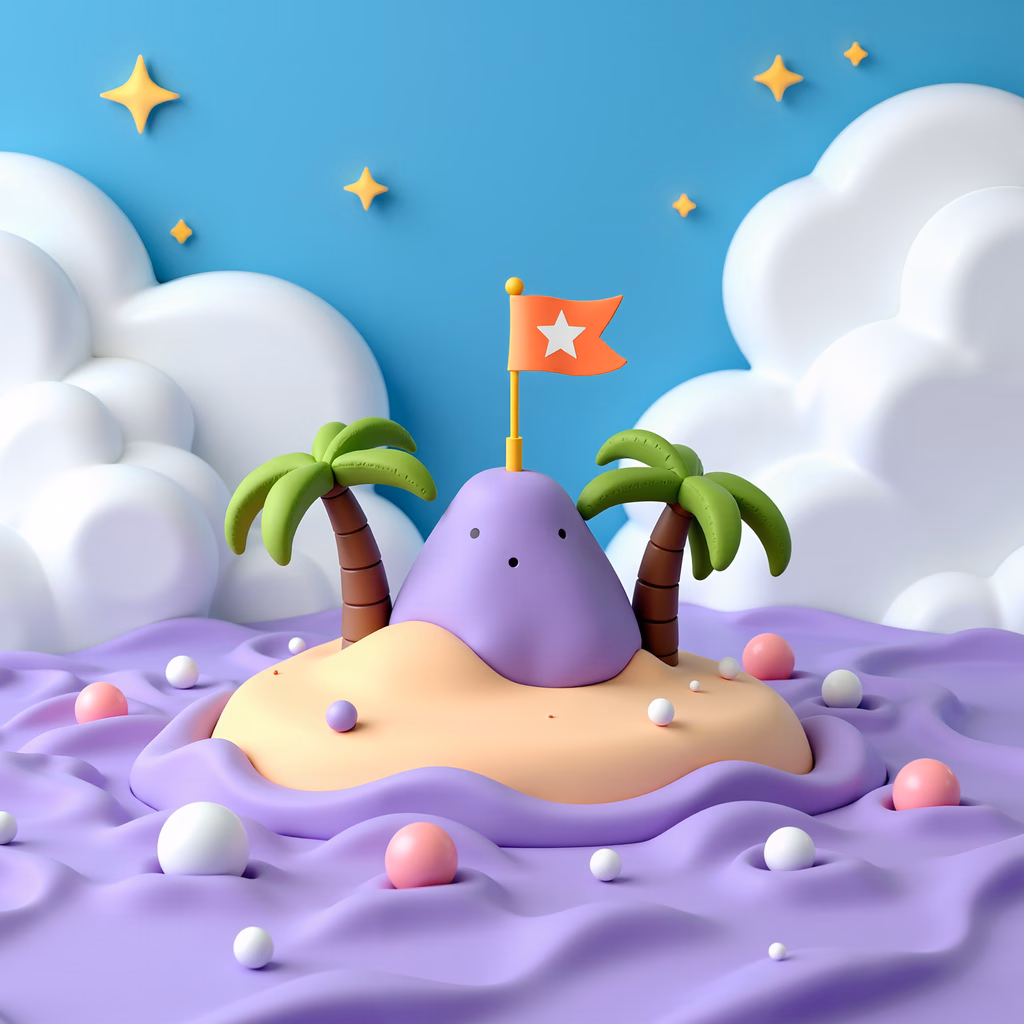 Whimsical fantasy island with palm trees and a flag in a colorful, dreamy sea and sky.