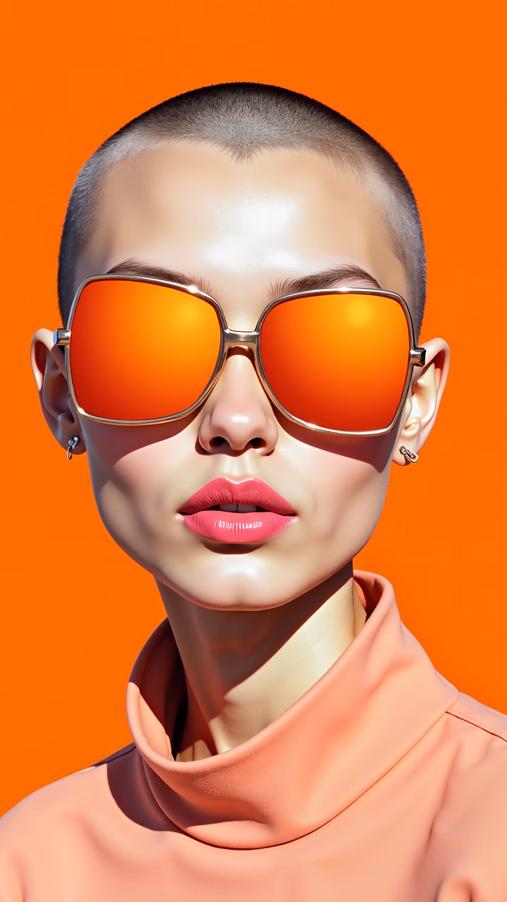 Bold fashion illustration with reflective sunglasses and vibrant colors.