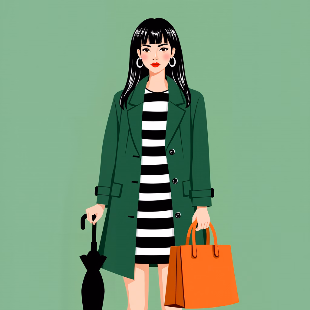 Stylish fashion illustration featuring a woman in a green trench coat and black-and-white striped dress, holding an orange shopping bag and a black umbrella.