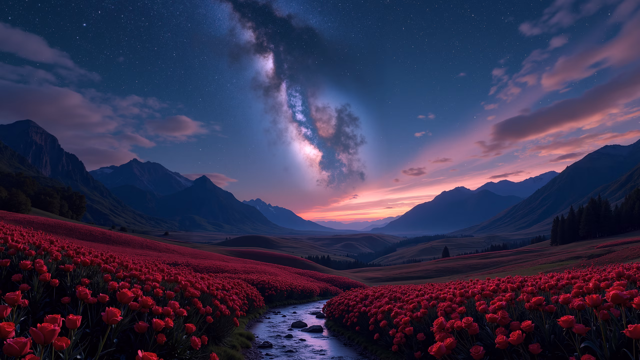 A breathtaking view of tulip fields under the Milky Way, blending nature's tranquility with celestial beauty.