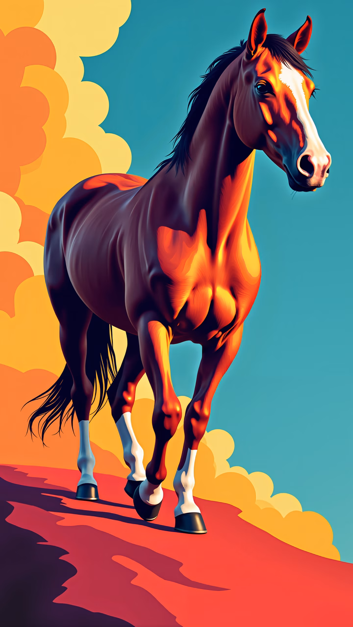 Vibrant horse in motion, fiery colors, dynamic movement, intense energy
