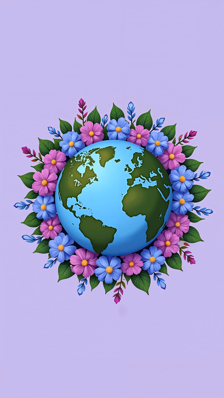 Stylized floral globe on lavender background, symbolizing environmental harmony.