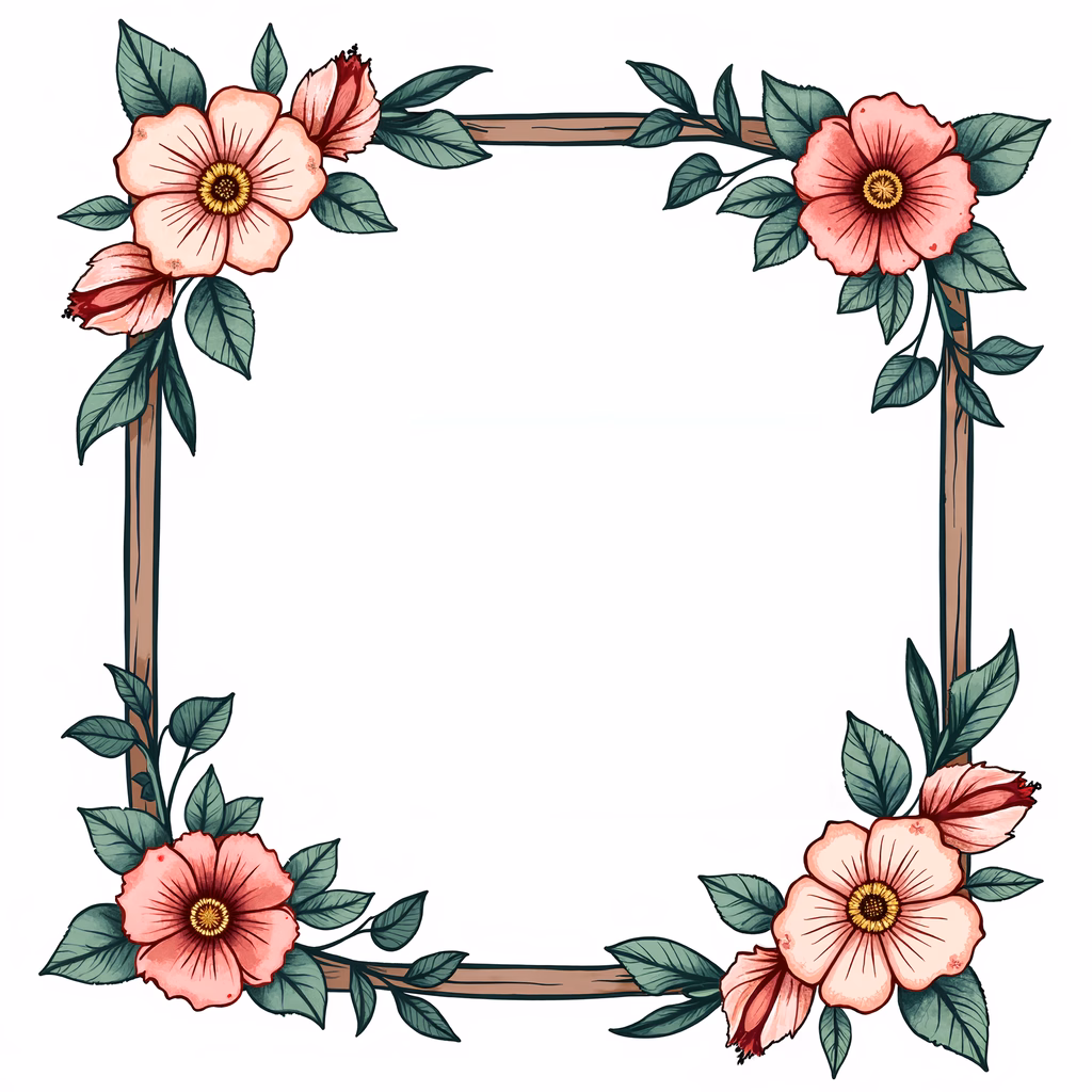 A charming floral frame illustration with soft pastel colors and detailed botanical elements.