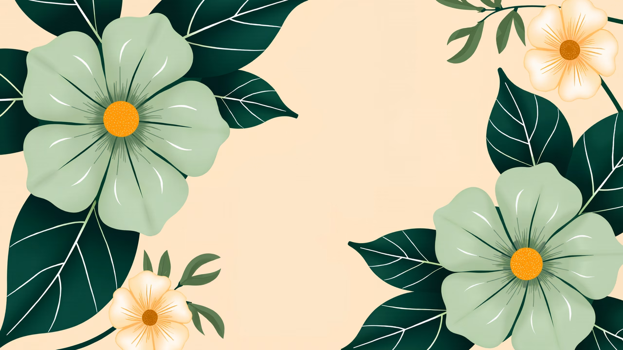 Vibrant floral illustration with green and yellow tones on a beige background.