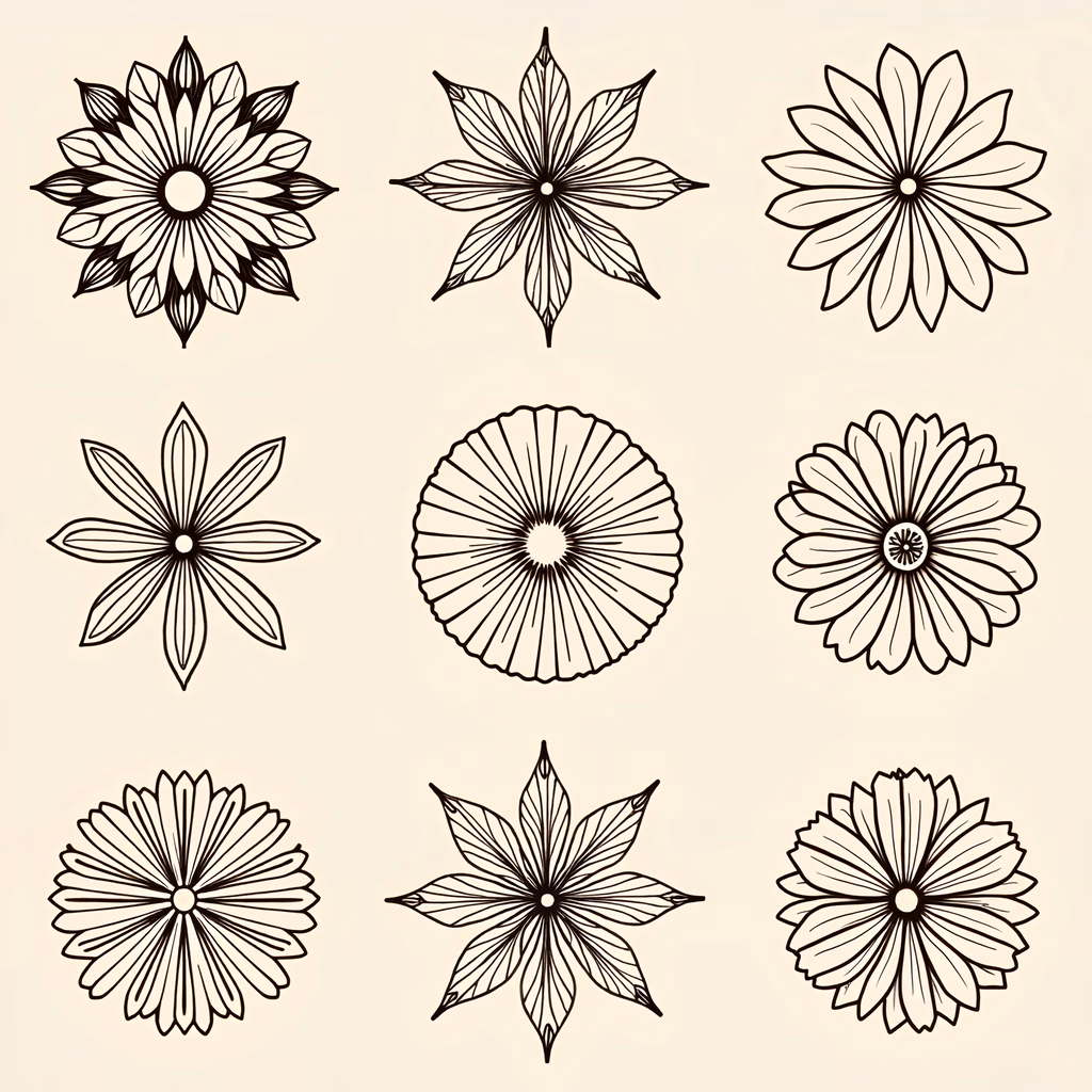 Stylized floral illustrations with intricate petal designs and monochromatic color palette.