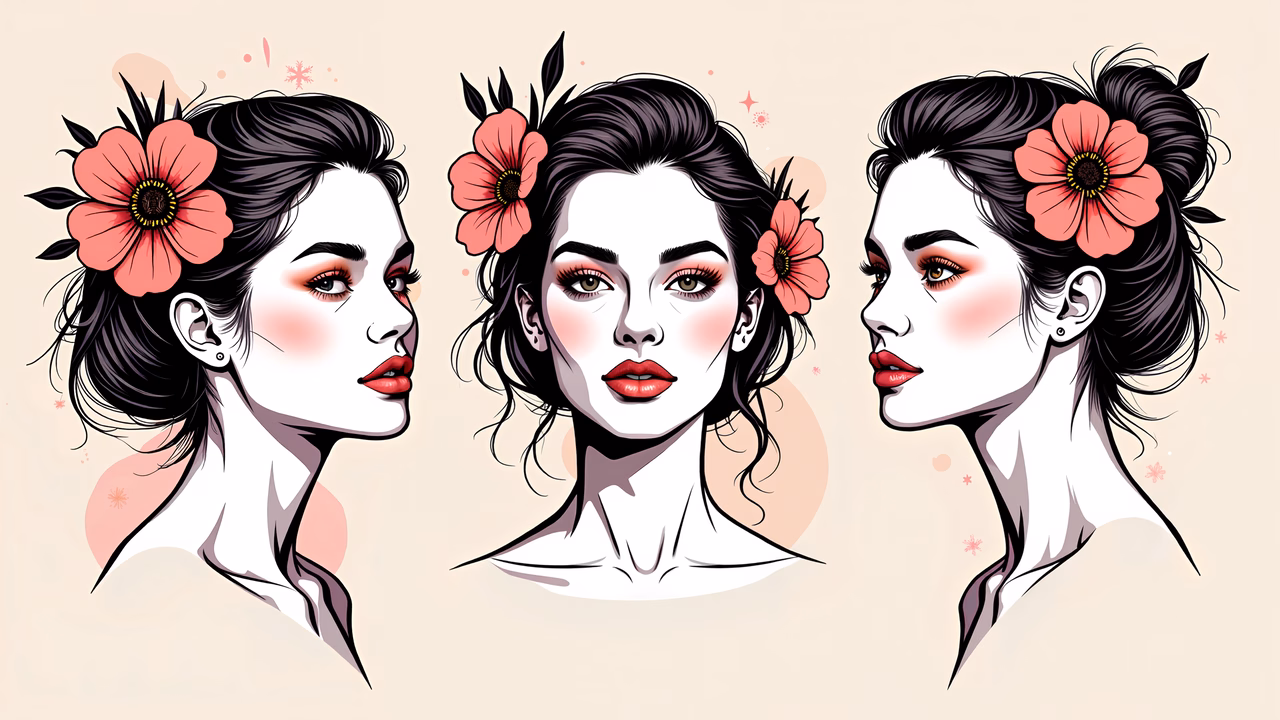 Vintage-inspired manga-style illustration of floral-adorned profiles.