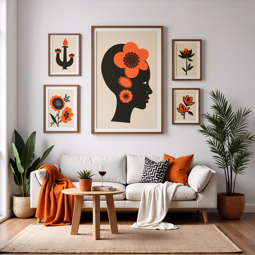 Bold floral silhouette in a cozy living room setting with natural light and greenery.