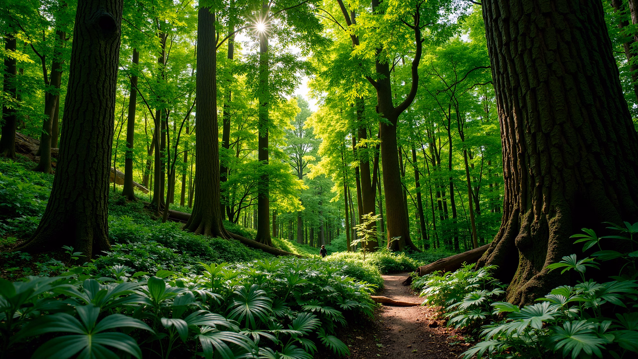 A tranquil forest path surrounded by lush greenery and dappled sunlight.