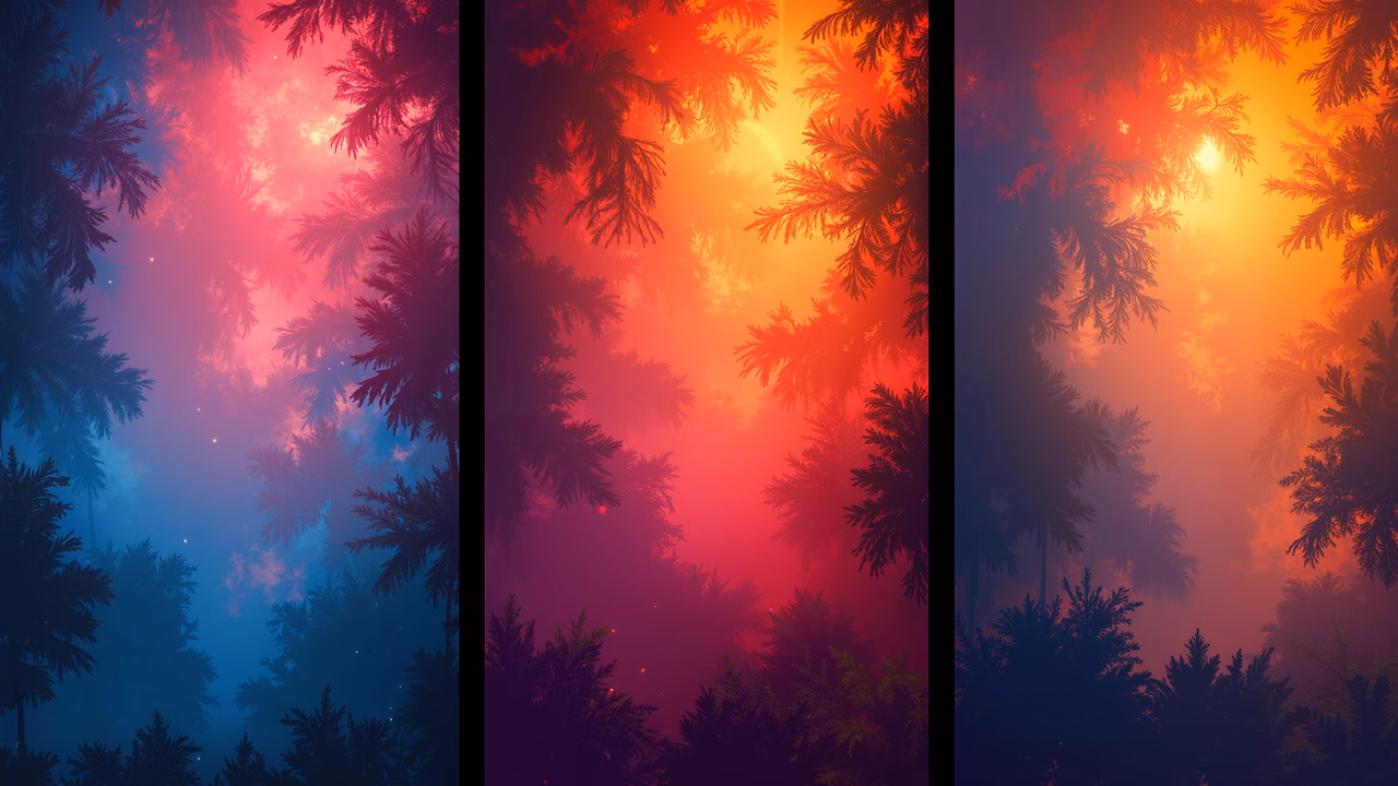 A triptych illustration of a forest at dusk, featuring vibrant colors and serene silhouettes.