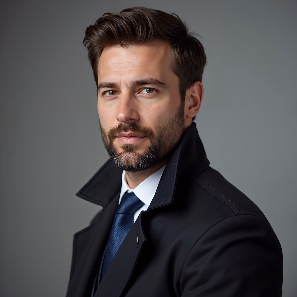Elegant formal portrait of a man in a black suit against a neutral gray backdrop.