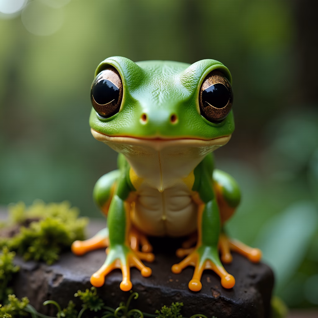 Close-up of a frog with expressive eyes and vibrant colors, set against a blurred natural background.