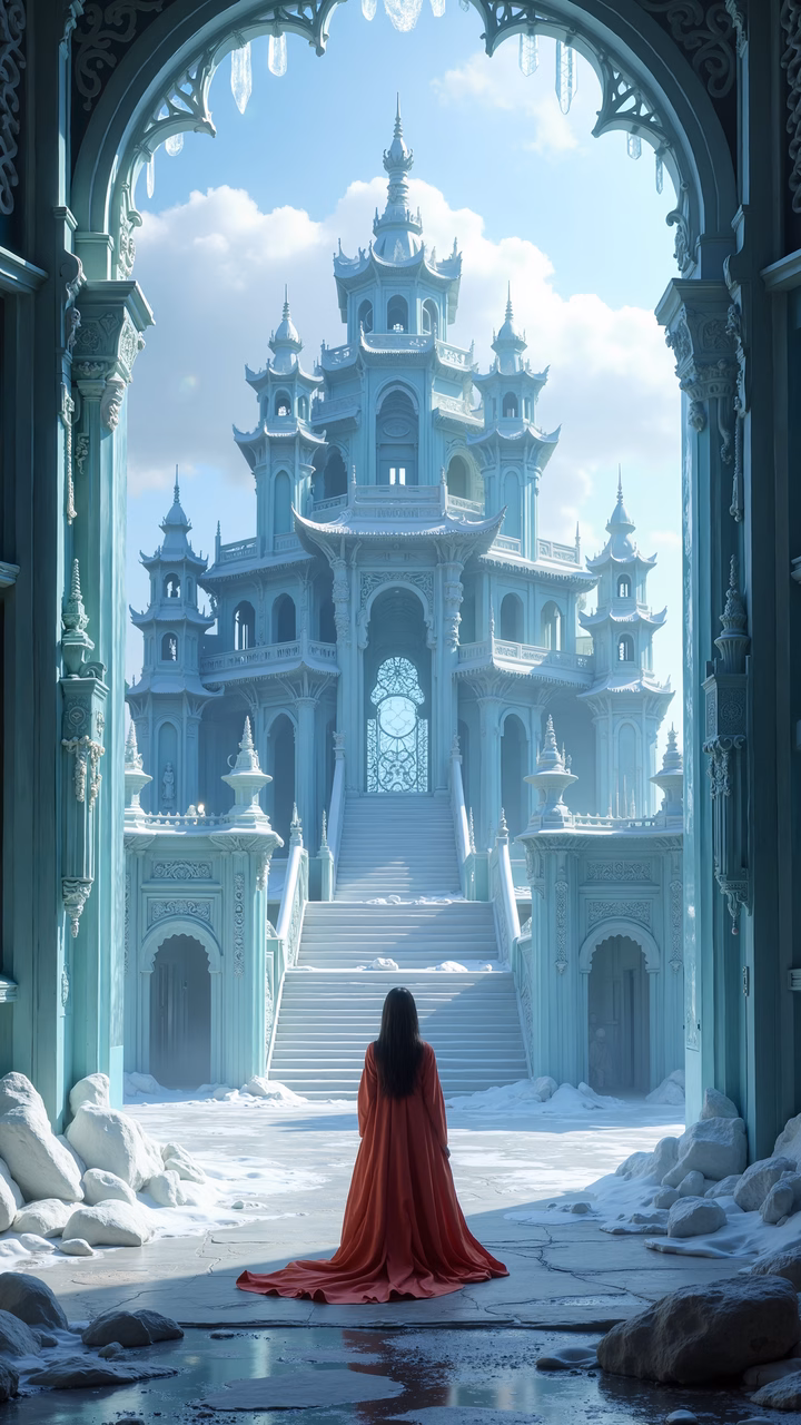 A solitary figure in a red cloak gazes at a snow-laden castle in a fantasy setting.