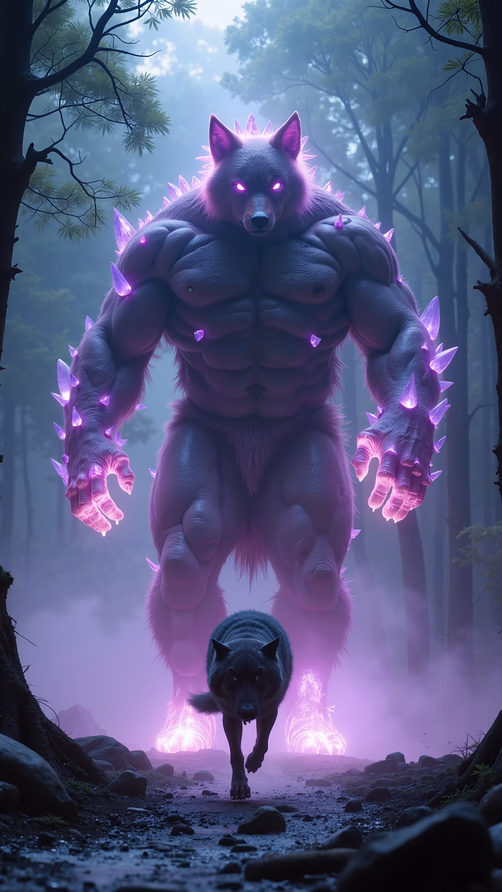 A giant, menacing wolf demon looms over a smaller, realistic wolf in a misty forest setting.