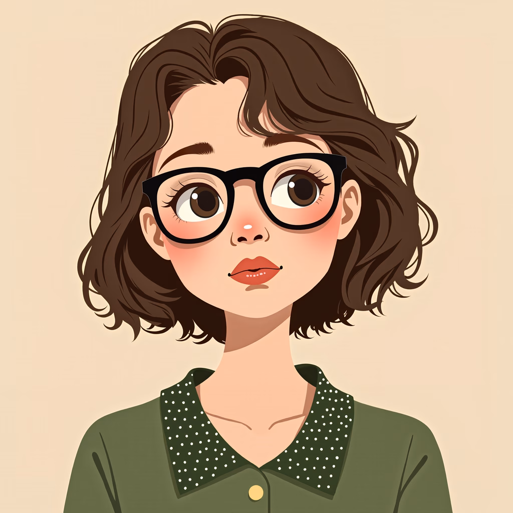 A charming illustration of a girl with glasses and a polka-dotted blouse.