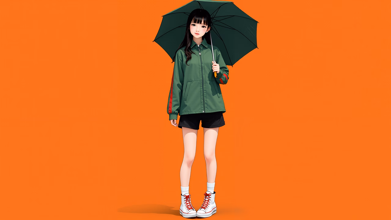 A girl in a stylish outfit holding a green umbrella against an orange background.