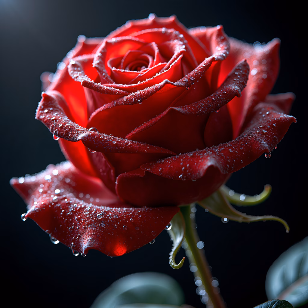 Close-up of a dew-drenched red rose against a dark backdrop, emphasizing its natural beauty and elegance.