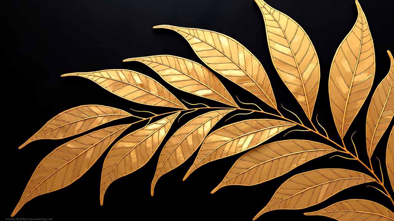 Golden leaves on a black background, elegant and luxurious illustration.